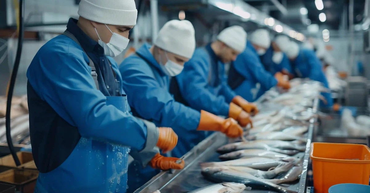 People working at seafood facility